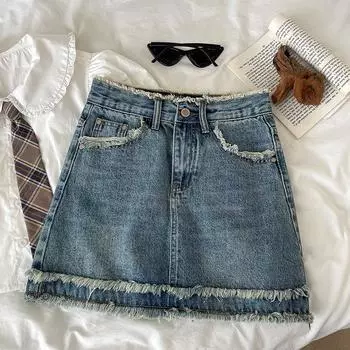 Классическая универсальная молодежная необработанная кромка бюстье дизайн Sense ретро высокая талия А-силуэт пакет бедра короткая юбка женская летняя мода джинсовая короткая юбка S синий