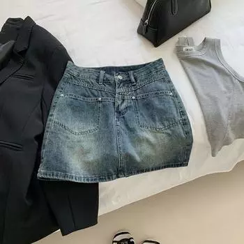 Классическая универсальная молодежная полуюбка с высокой талией и разрезными карманами Design Sense Package Hip A-силуэт ретро-юбка женская летняя модная джинсовая короткая юбка S синий