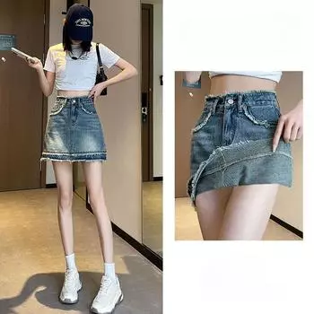 Классическая универсальная молодежная юбка-полулиф, тонкая, с высокой талией, необработанным краем, дизайн Sense Package, хип-хоп, ретро, женская летняя модная джинсовая короткая юбка S синий