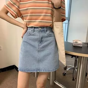Классическая универсальная молодежная юбка-полутела с высокой талией, тонкая, для отдыха, для студентов, пакет A Word, короткая юбка до бедра, Ms. Летняя мода ковбойская короткая юбка S черный серый