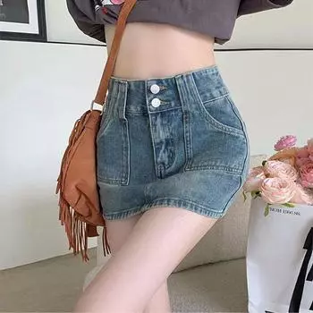 Классическая универсальная молодежная юбка с двумя пуговицами, шикарная юбка-трапеция с высокой талией в стиле ретро, облегающая юбка-полуоблегающая юбка, женская летняя модная джинсовая юбка S синий