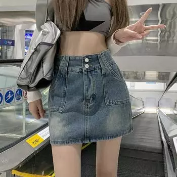 Классическая универсальная молодежная юбка с двумя пуговицами, ретро-бюстье, высокая талия, А-силуэт, дизайн, юбка до бедер, женская летняя модная джинсовая короткая юбка S синий
