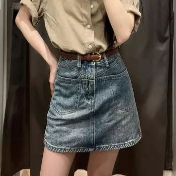 Классическая универсальная юбка-полусолнце с высокой талией, повседневная юбка А-силуэта с разрезными карманами, короткая юбка в стиле ретро с разрезом на бедрах, женская летняя модная джинсовая короткая юбка S синий