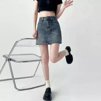Классическая универсальная винтажная юбка-бюстье с разрезом, повседневная юбка с высокой талией, закрывающая промежность, юбка-бандаж, женская летняя модная джинсовая короткая юбка S синий