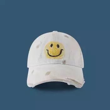 Классическая вышитая бейсболка с улыбающимся лицом, мягкий верх, рваная, корейская версия, для студентов, парная, на все сезоны, универсальная бейсболка, сделана из старого Adjustable