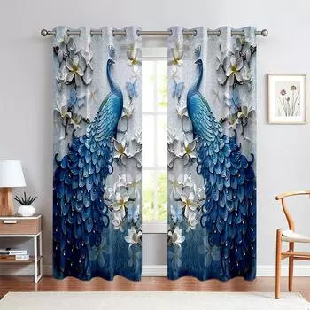 Классическая занавеска с принтом павлина, синяя, с тисненым эффектом, 2 панели, подходит для гостиной, спальни, балкона, кухни, окна, декора 50W130H(CM)X2PCS&Grommet Top