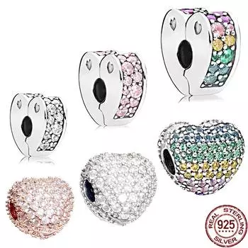 Классические 925 пробы стерлингового серебра сверкающий розовый цвет ровные сердечки клипсы шарм ювелирные изделия бусины подходят оригинальный модный браслет