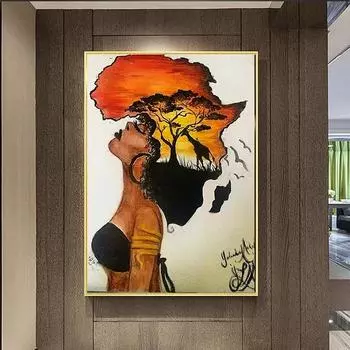 Классические африканские женские картины на стене, абстрактная карта Африки в форме головы, настенные художественные принты на холсте и постеры для домашнего декора 21*30cm