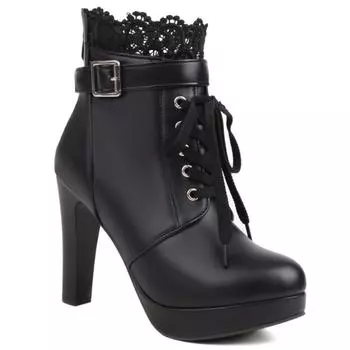 Классические белые черные женские ботильоны осень зима короткие ботинки на платформе шнуровка высокие каблуки праздничная обувь туфли шнуровка большой размер 34 чёрный