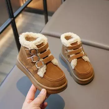 Классические ботильоны для девочек, простые зимние детские ботинки с пряжкой, толстая подошва, нескользящие, детские повседневные модные короткие зимние ботинки, тренд 26 чёрный