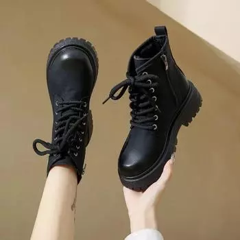 Классические ботильоны, женская зимняя кожаная повседневная обувь на молнии и шнуровке для женщин, современные ботинки на среднем каблуке с круглым носком 35 чёрный
