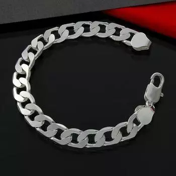 Классические браслеты из стерлингового серебра 925 пробы 12 мм с плоскими боковыми цепочками для мужчин, модные роскошные ювелирные изделия, подарки для свадебной вечеринки 20cm серебряный