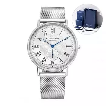 Классические часы Romanson Kairos с сеткой и маленькой секундной стрелкой RWTMCM1B2400WHSI0 + подарочный пакет
