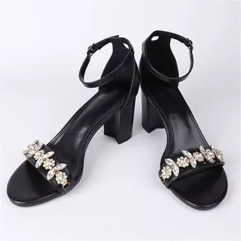 Классические черные элегантные женские летние сандалии большого размера со стразами, офисные женские модные туфли на высоком квадратном каблуке 5 чёрный