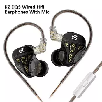 Классические черные наушники KZ DQS Hi-Fi с микрофоном, динамическим драйвером, 3,5-миллиметровые проводные наушники-вкладыши, спортивные наушники-вкладыши с шумоподавлением. No Mic