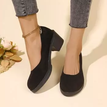 Классические черные замшевые туфли на каблуках для женщин, осень 2024, новые туфли на толстом каблуке и платформе, модные женские туфли для офиса с неглубоким носком 35 чёрный