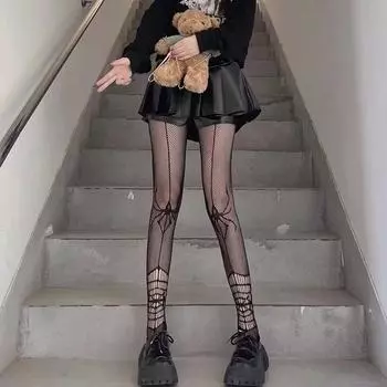 Классические чулки в сеточку с кружевом в стиле Лолиты, колготки с низкой посадкой, женские сексуальные японские девушки, готические, панк, винтажные колготки в стиле паутины one size чёрный