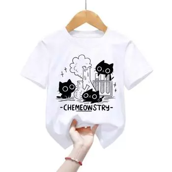 Классические детские футболки Chemeowstry, детская футболка с изображением науки, химии, футболка для мальчиков и девочек, милая детская футболка с черным котом