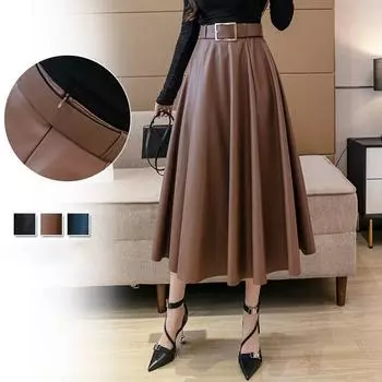 Классические длинные юбки из искусственной кожи с поясом и высокой талией, модные женские зонты на осень и зиму XL чёрный