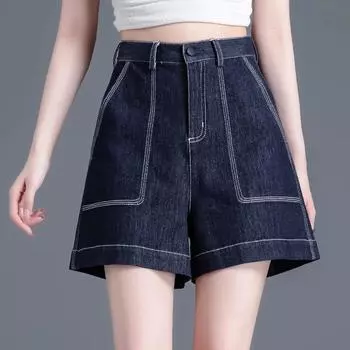 Классические джинсовые шорты в корейском стиле, женские летние шорты с высокой талией, широкие брюки, уличная одежда, прямые джинсы, женские шорты 32 синий