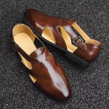 Классические фирменные мужские мокасины с массажной подошвой, мягкая подошва, легкие летние мужские сандалии с вырезами, деловая повседневная кожаная обувь 38 чёрный