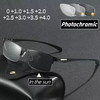 Классические фотохромные очки для чтения в полурамке, модные деловые очки для дальнего видения для мужчин, солнцезащитные очки с защитой от ультрафиолета и степенью 4.0
