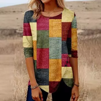 Классические футболки с принтом в виде сетки с длинными рукавами, осенняя хлопковая женская одежда, свободные женские футболки, топы, повседневные уличные футболки с круглым вырезом S