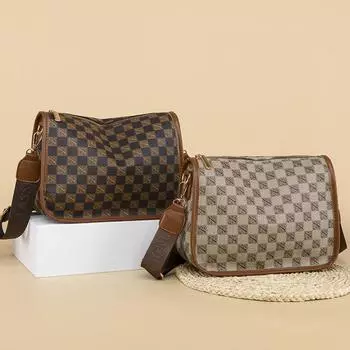 Классические клетчатые сумки для женщин, модная напечатанная сумка через плечо, большая вместимость, сумка через плечо из искусственной кожи, сумка для ежедневного использования, кошелек 27x12x20cm темно-коричневого