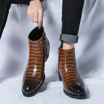 Классические коричневые мужские туфли, элегантные остроносые ботинки на высоком каблуке для мужчин, кожаные туфли на молнии в британском стиле для мужчин 43
