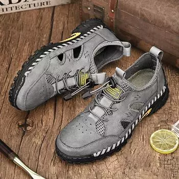 Классические кожаные мужские сандалии, удобная мужская летняя обувь, открытая пляжная обувь, дышащие, классные туфли на плоской подошве, износостойкая повседневная обувь 38 чёрный