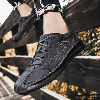 Классические кожаные туфли, мужские повседневные кроссовки, уличная мужская обувь ручной работы, кожаная мужская обувь на плоской подошве, новинка 2023 года 38 чёрный