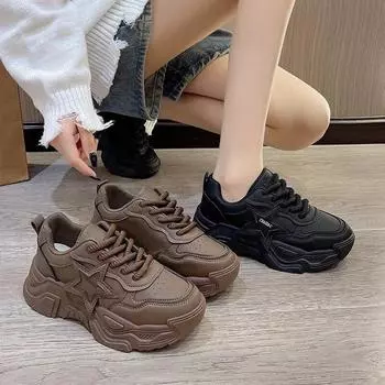 Классические кроссовки на массивном каблуке, женские зимние туфли из искусственной кожи на высоком каблуке со шнуровкой и квадратным носком, женская вулканизированная обувь на платформе, большие размеры 35 чёрный