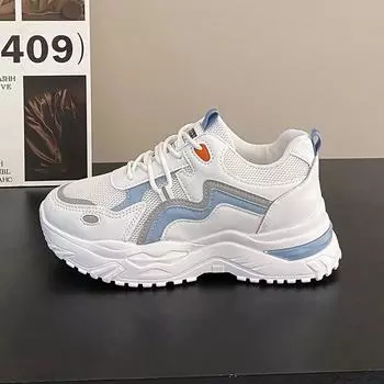 Классические кроссовки на массивном каблуке, женские зимние сетчатые туфли на высоком каблуке со шнуровкой и круглым носком, женская обувь на вулканизированной платформе, большие размеры 35 синий