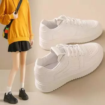 Классические кроссовки, женские туфли на плоской подошве, однотонные кожаные туфли на среднем каблуке со шнуровкой и круглым носком, обувь на плоской платформе для женщин, вулканизированная обувь, большие размеры 36 чёрный