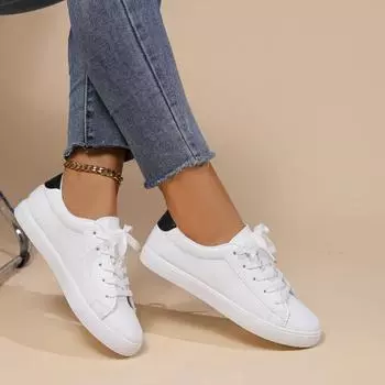 Классические кроссовки, женские туфли на плоской подошве, однотонные кожаные туфли на плоской подошве со шнуровкой, туфли на плоской платформе с круглым носком для женщин, вулканизированная обувь больших размеров 35 белый