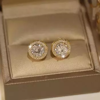 Классические круглые белые циркониевые серьги-гвоздики серебряного цвета для невесты, свадьбы, помолвки, ювелирные изделия, подарки ARI золотой