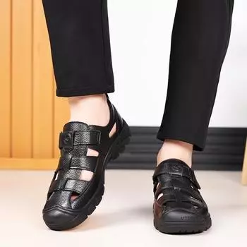 Классические летние мужские кожаные туфли в стиле ретро, кожаные, дышащие, повседневные, с мягкой подошвой, нескользящие, водонепроницаемые пляжные сандалии 38 чёрный