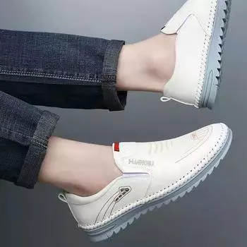 Классические лоферы, мужские дышащие кожаные туфли, повседневная обувь на плоской подошве, мужские туфли без шнуровки в горошек, мужская обувь 39 белый