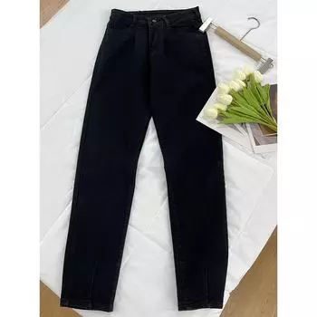 Классические маленькие прямые черные брюки, стройнящие, облегающего кроя, корейские, повседневные, универсальные, выстиранные, эластичные, с высокой посадкой, джинсы Black Tip: Dark fabrics will have fading problems