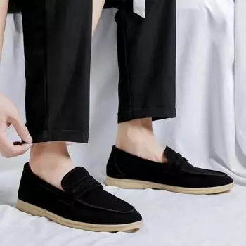 Классические мягкие кожаные мужские мокасины из натуральной кожи, удобная модная деловая обувь в британском стиле для отдыха на открытом воздухе и вождения 38 чёрный