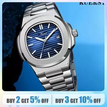 Классические мужские автоматические механические водонепроницаемые квадратные часы KUERST со стальным ремешком и светящимся циферблатом, крутые