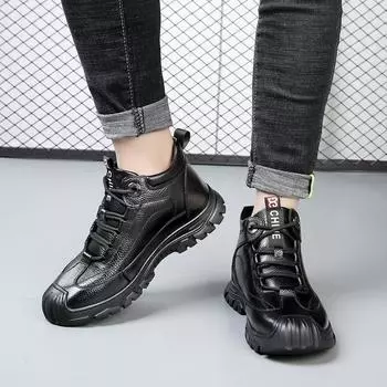 Классические мужские черные высокие хлопковые туфли на толстой подошве, модные удобные спортивные туфли на шнуровке, зимние теплые плюшевые ботинки для активного отдыха 38 чёрный