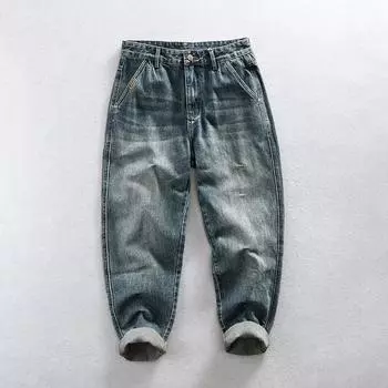Классические мужские джинсы в стиле ретро, повседневные мешковатые джинсы из хлопка со средней посадкой, прямые джинсовые брюки, высококачественные мужские брюки 28 синий