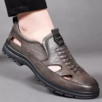 Классические мужские кожаные сандалии, летние сандалии из спилка, мужские повседневные легкие сандалии, модные мужские тапочки, большой размер 44 38 чёрный