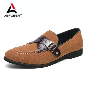 Классические мужские лоферы с пряжкой, кожаные мужские туфли с круглым носком, замшевые туфли для повседневного делового свадебного офиса 38 коричневый