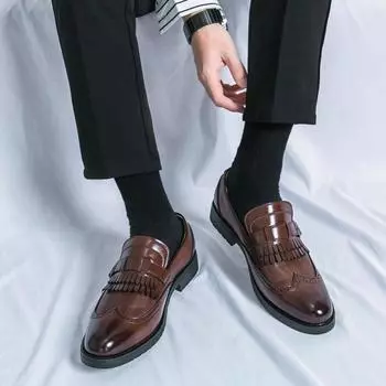 Классические мужские мокасины с кисточками Модный мужской стиль Повседневная обувь без застежек Удобные офисные свадебные туфли для мужчин 38 чёрный