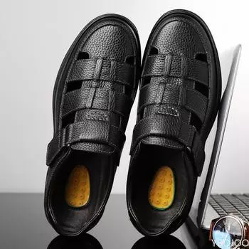 Классические мужские сандалии из натуральной кожи, повседневная обувь с полостями, удобная однотонная уличная мужская обувь, zapatos hombre 38 чёрный