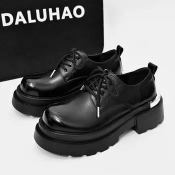 Классические мужские туфли из натуральной кожи в британском стиле 2024 года, однотонные черные туфли-лоферы на шнуровке с увеличенной высотой, декоративные туфли для банкета 38 чёрный