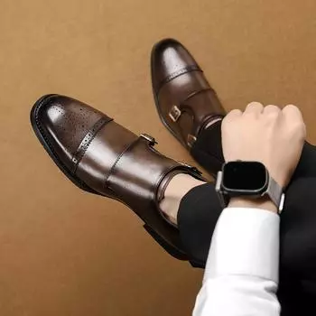 Классические мужские туфли с двумя пряжками на низком каблуке из кожи, модные деловые, банкетные, вечерние, коричневые, с острым носком, кожаные туфли 38 чёрный