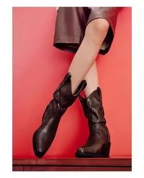 Классические повседневные женские сапоги 2024 весна и осень модные средней длины сапоги-рыцари остроносые на толстом высоком каблуке короткие сапоги 35 темно-коричневого